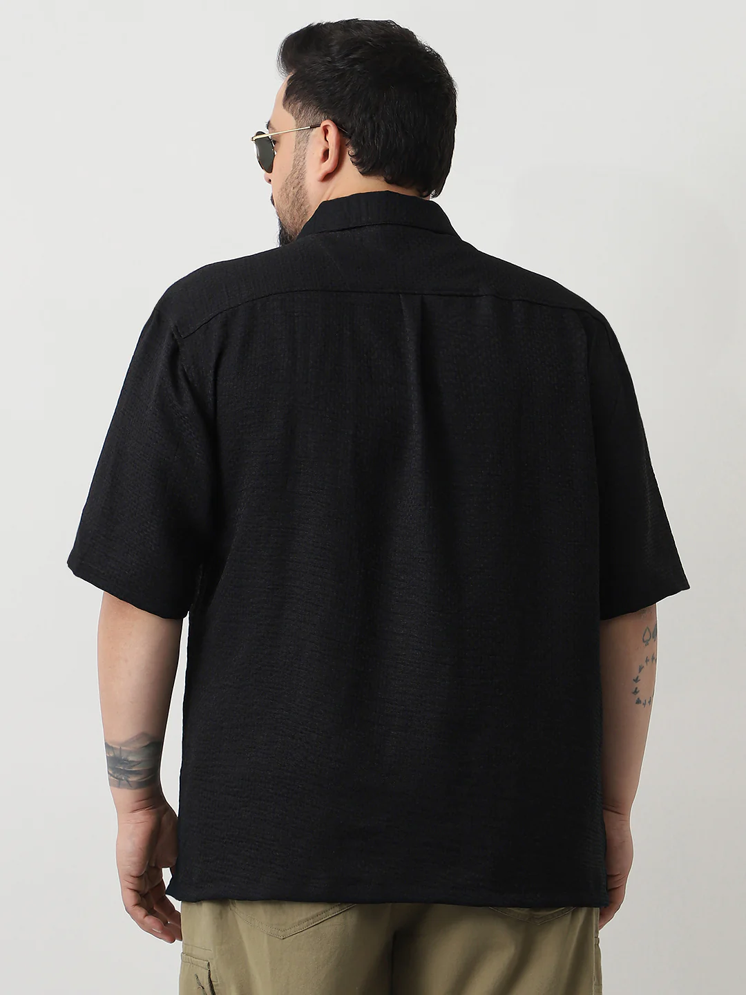Plus Men's Black Cotton Half Sleeve Oversized Fit Textured Shirt with Cuban Collar - Image 3