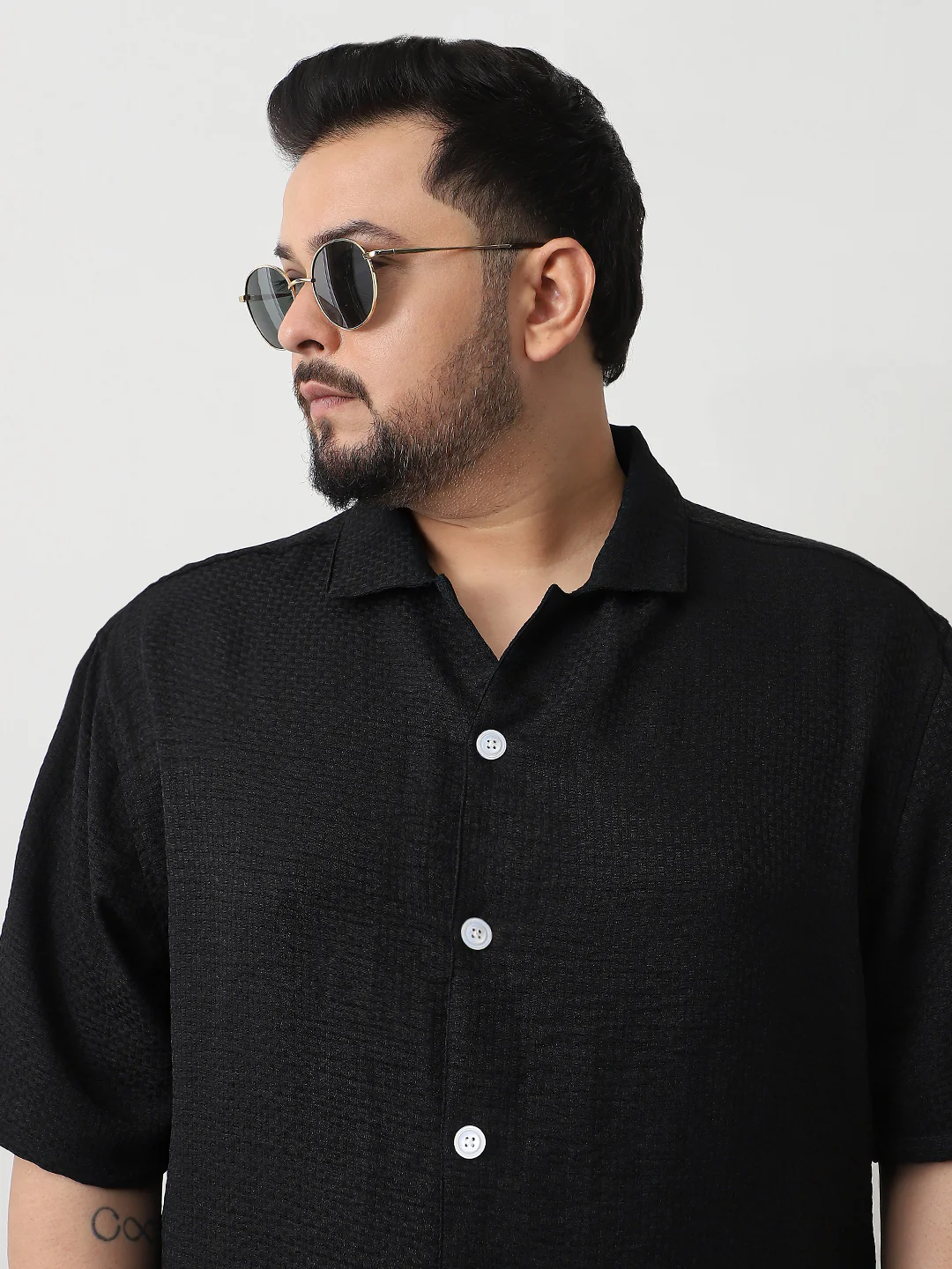 Plus Men's Black Cotton Half Sleeve Oversized Fit Textured Shirt with Cuban Collar - Image 5