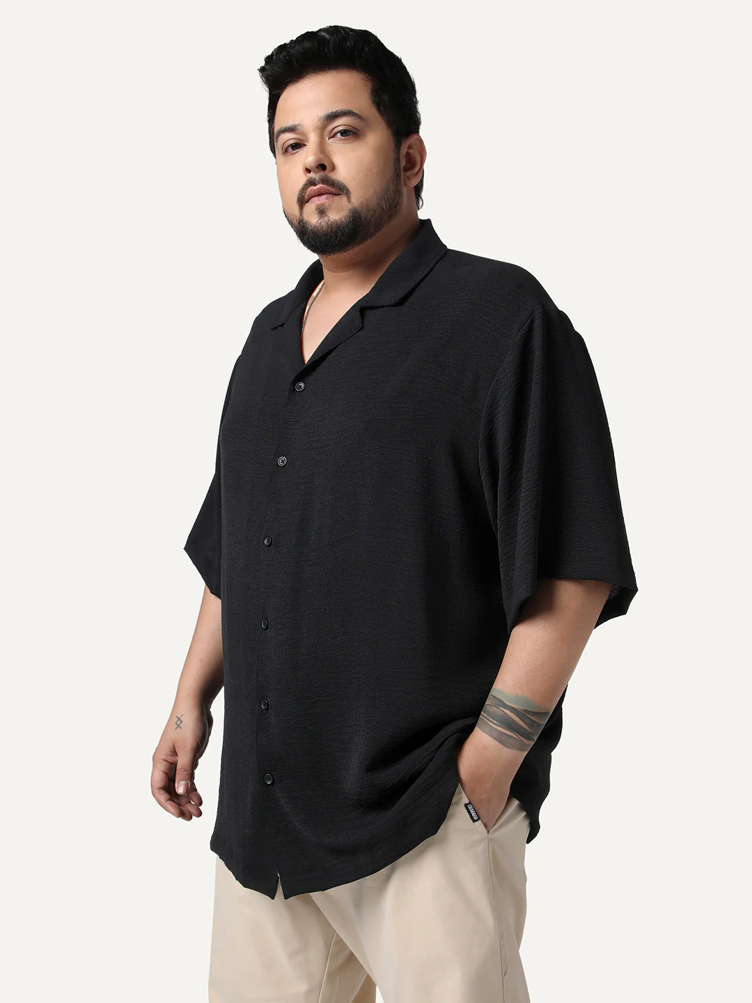 Plus Men's Black Cotton Half Sleeve Relaxed Fit Textured Shirt with Cuban Collar - Image 2