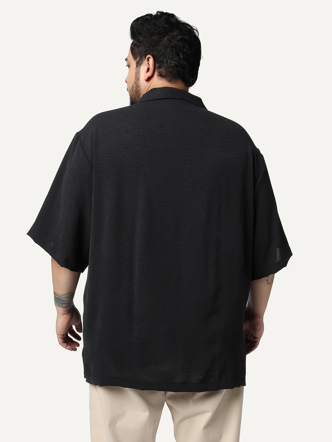 Plus Men's Black Cotton Half Sleeve Relaxed Fit Textured Shirt with Cuban Collar - Image 3