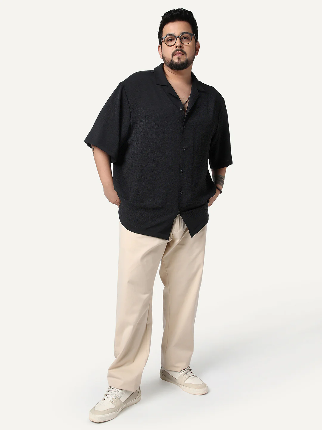 Plus Men's Black Cotton Half Sleeve Relaxed Fit Textured Shirt with Cuban Collar - Image 4