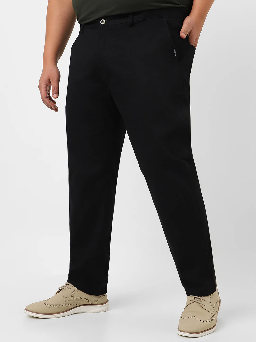 Plus Men's Black Cotton Regular Fit Casual Chinos Trousers - Image 3