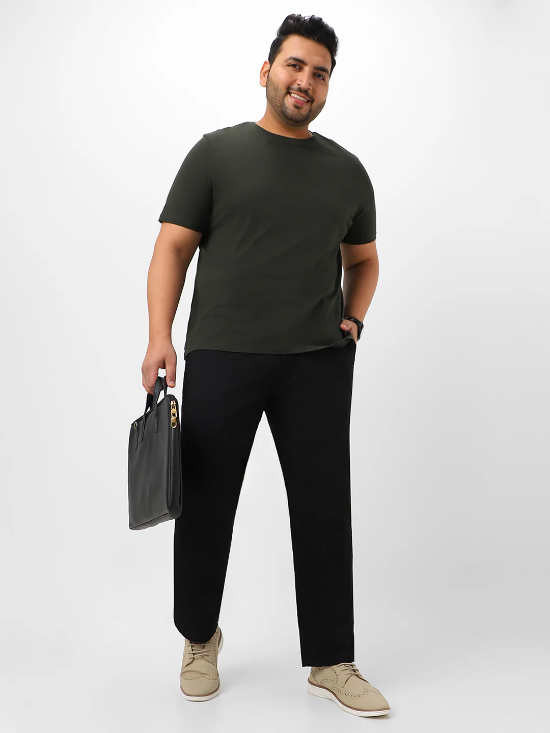 Plus Men's Black Cotton Regular Fit Casual Chinos Trousers - Image 5