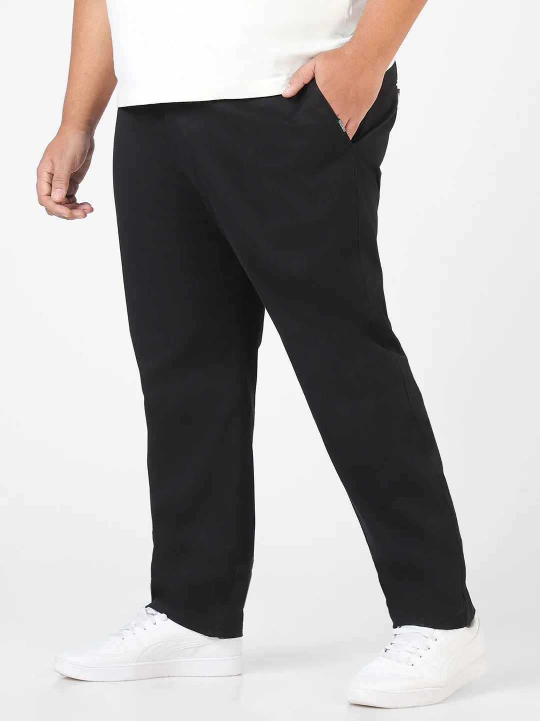 Plus Men's Black Cotton Regular Fit Casual Chinos Trousers Stretch - Image 3
