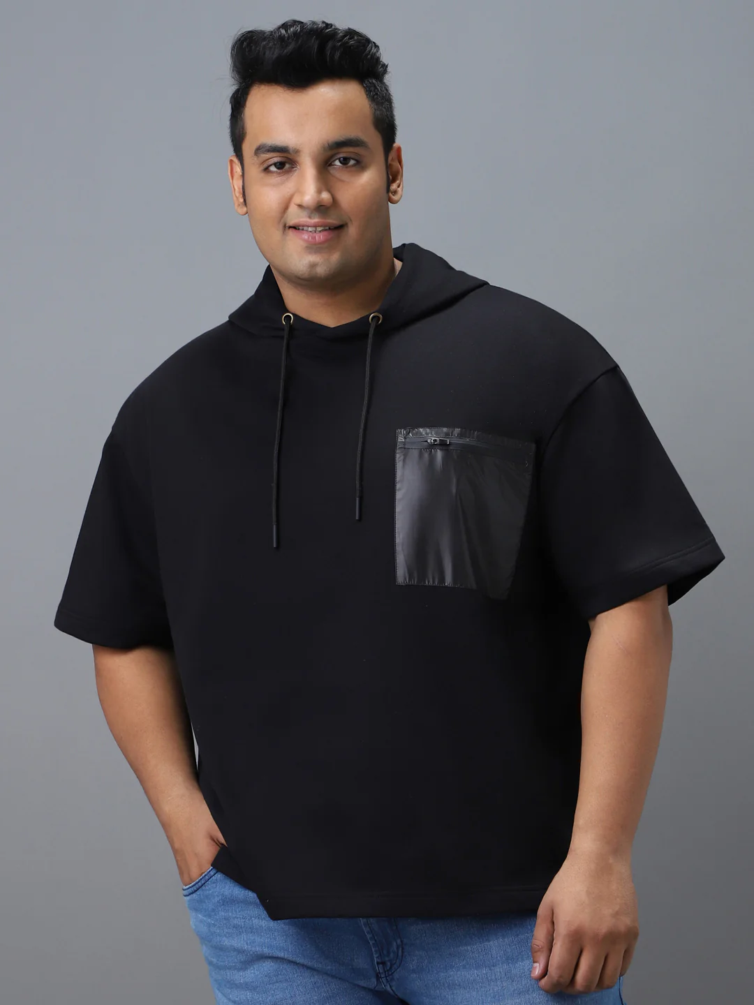 Plus Men's Black Cotton Solid Hooded Neck Sweatshirt