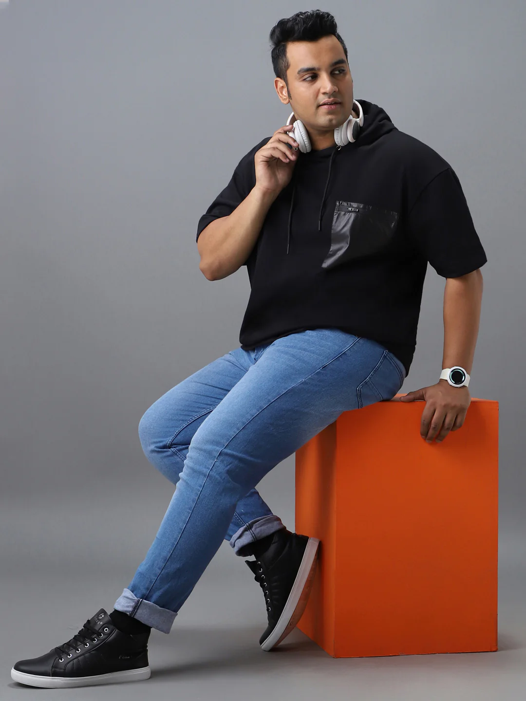Plus Men's Black Cotton Solid Hooded Neck Sweatshirt - Image 4
