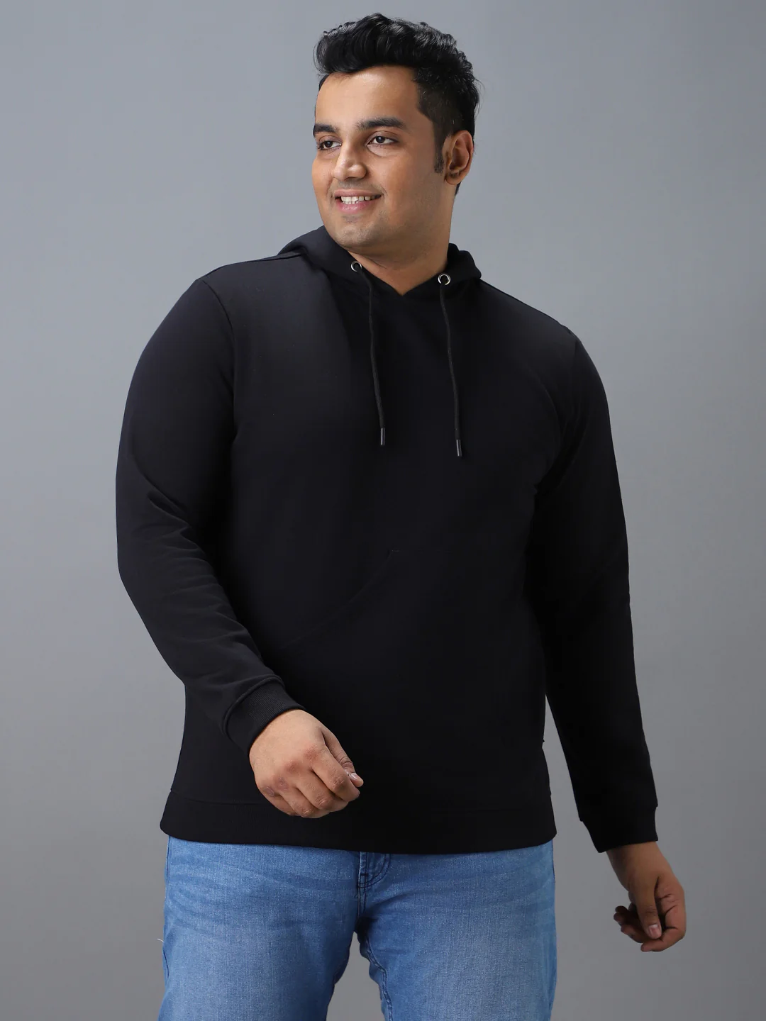Plus Men's Black Cotton Solid Hooded Neck Sweatshirt
