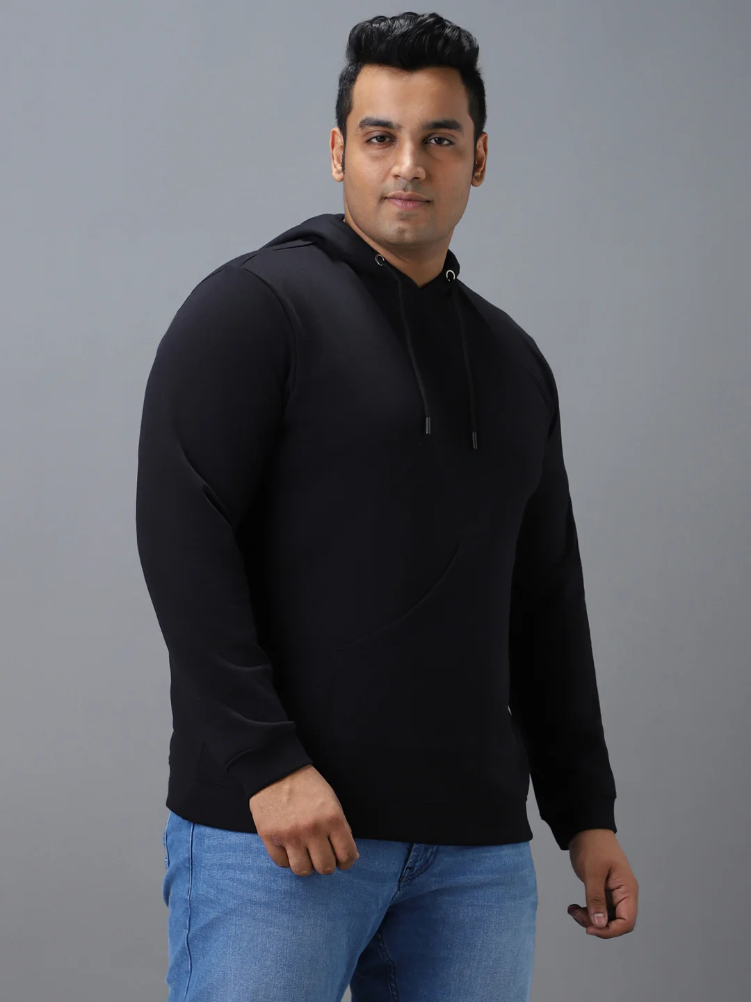 Plus Men's Black Cotton Solid Hooded Neck Sweatshirt - Image 2