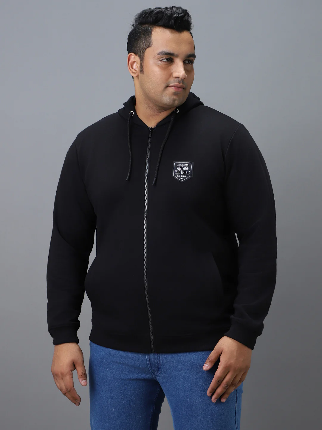 Plus Men's Black Cotton Solid Zippered Hooded Neck Sweatshirt