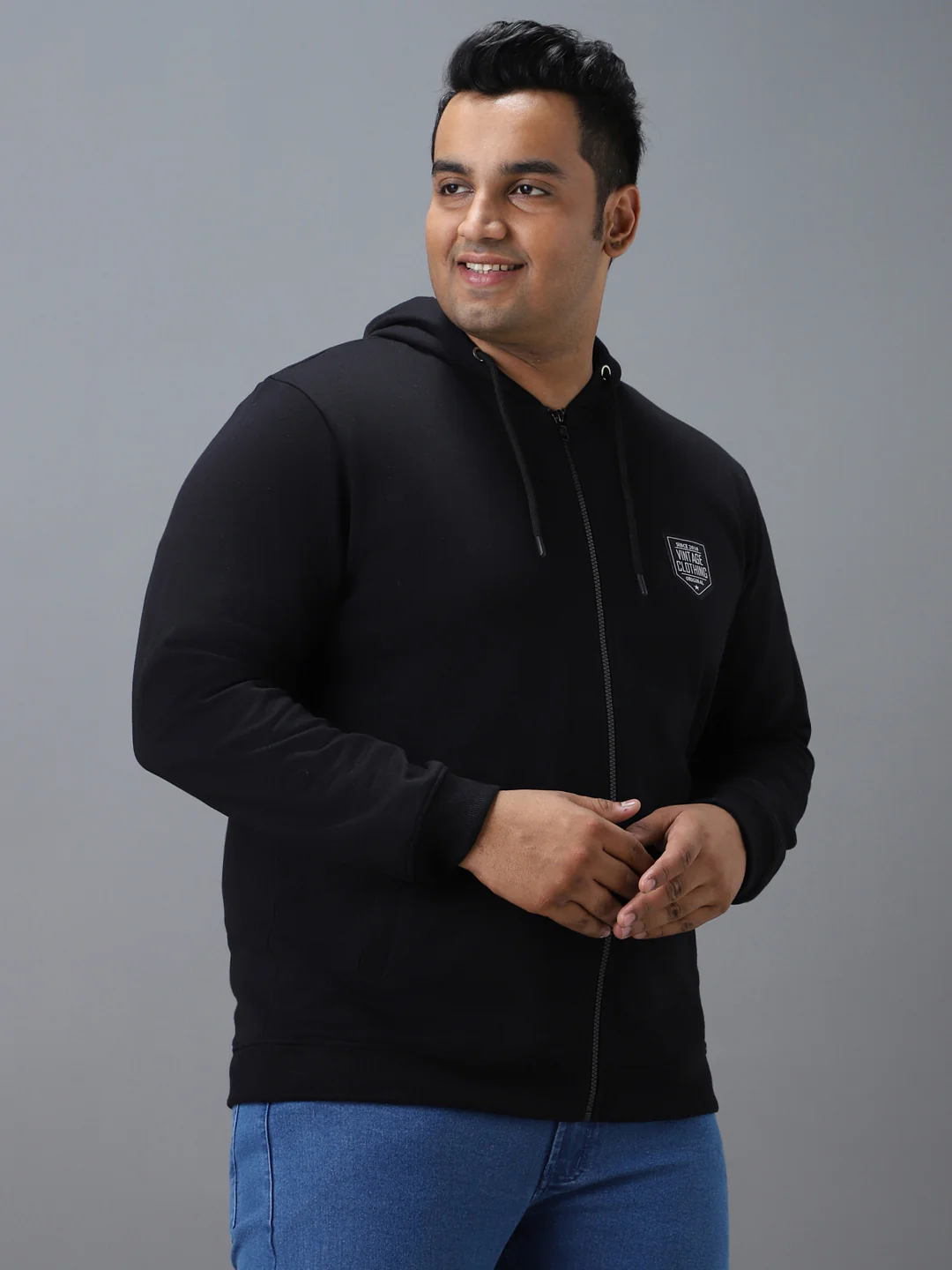 Plus Men's Black Cotton Solid Zippered Hooded Neck Sweatshirt - Image 2
