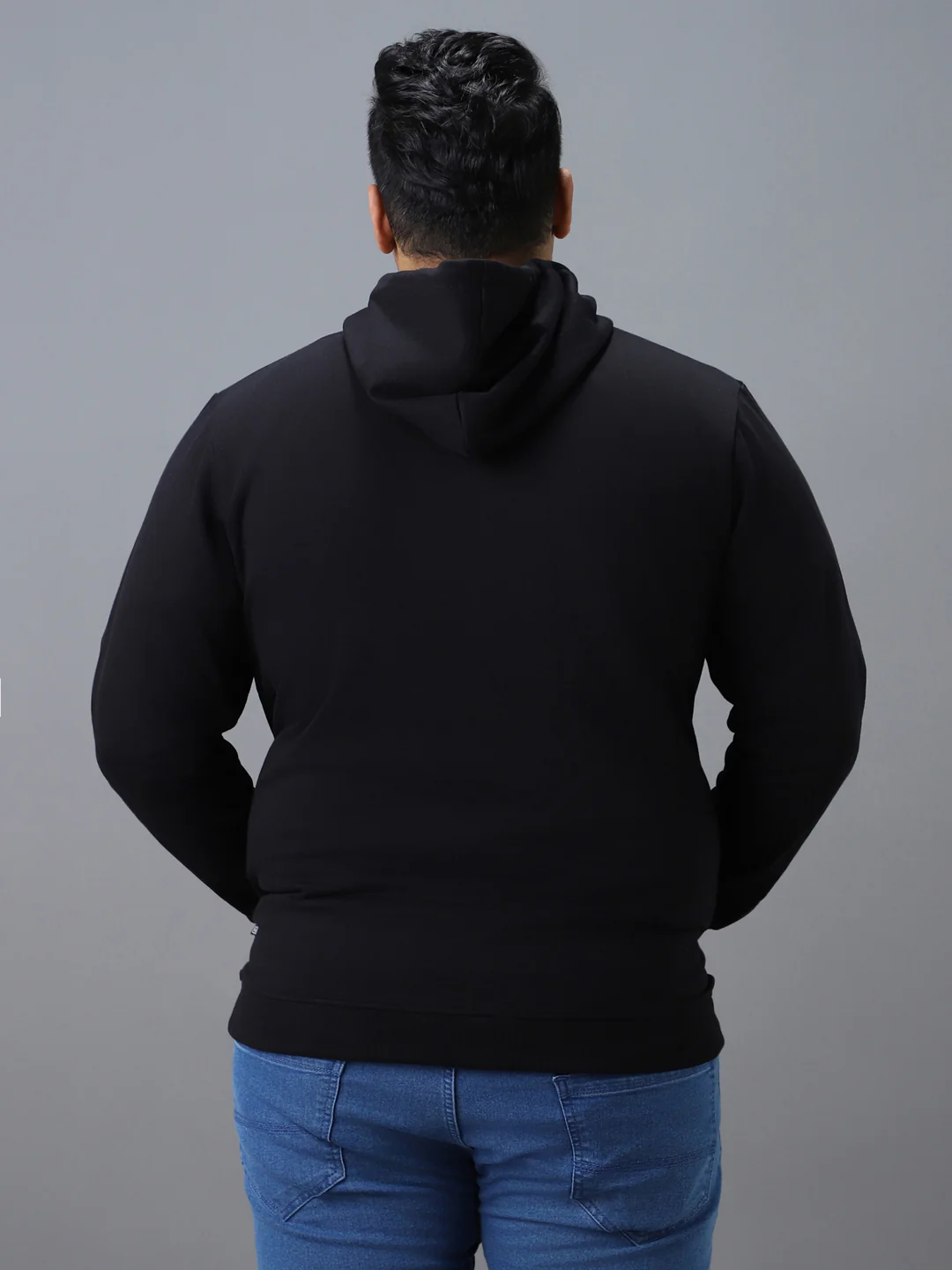 Plus Men's Black Cotton Solid Zippered Hooded Neck Sweatshirt - Image 3