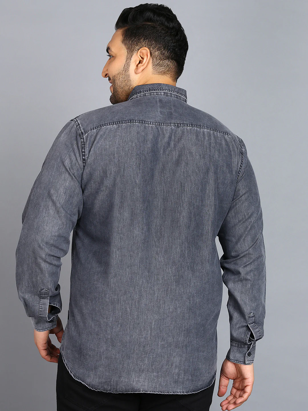 Plus Men's Black Denim Full Sleeve Regular Fit Washed Casual Shirt - Image 3