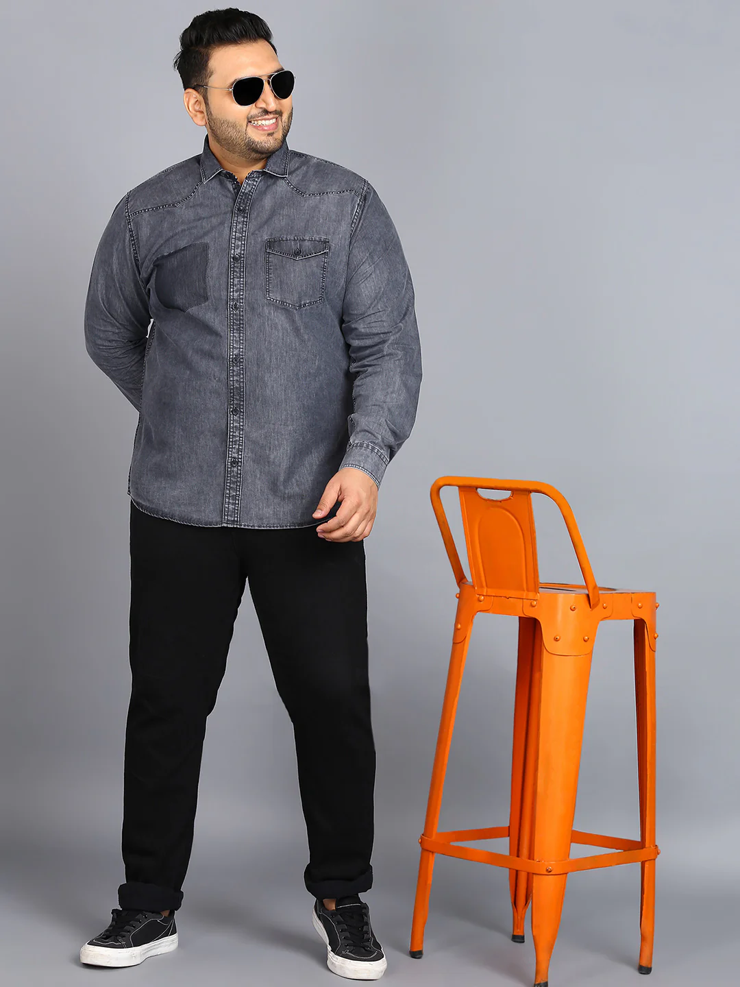 Plus Men's Black Denim Full Sleeve Regular Fit Washed Casual Shirt - Image 4