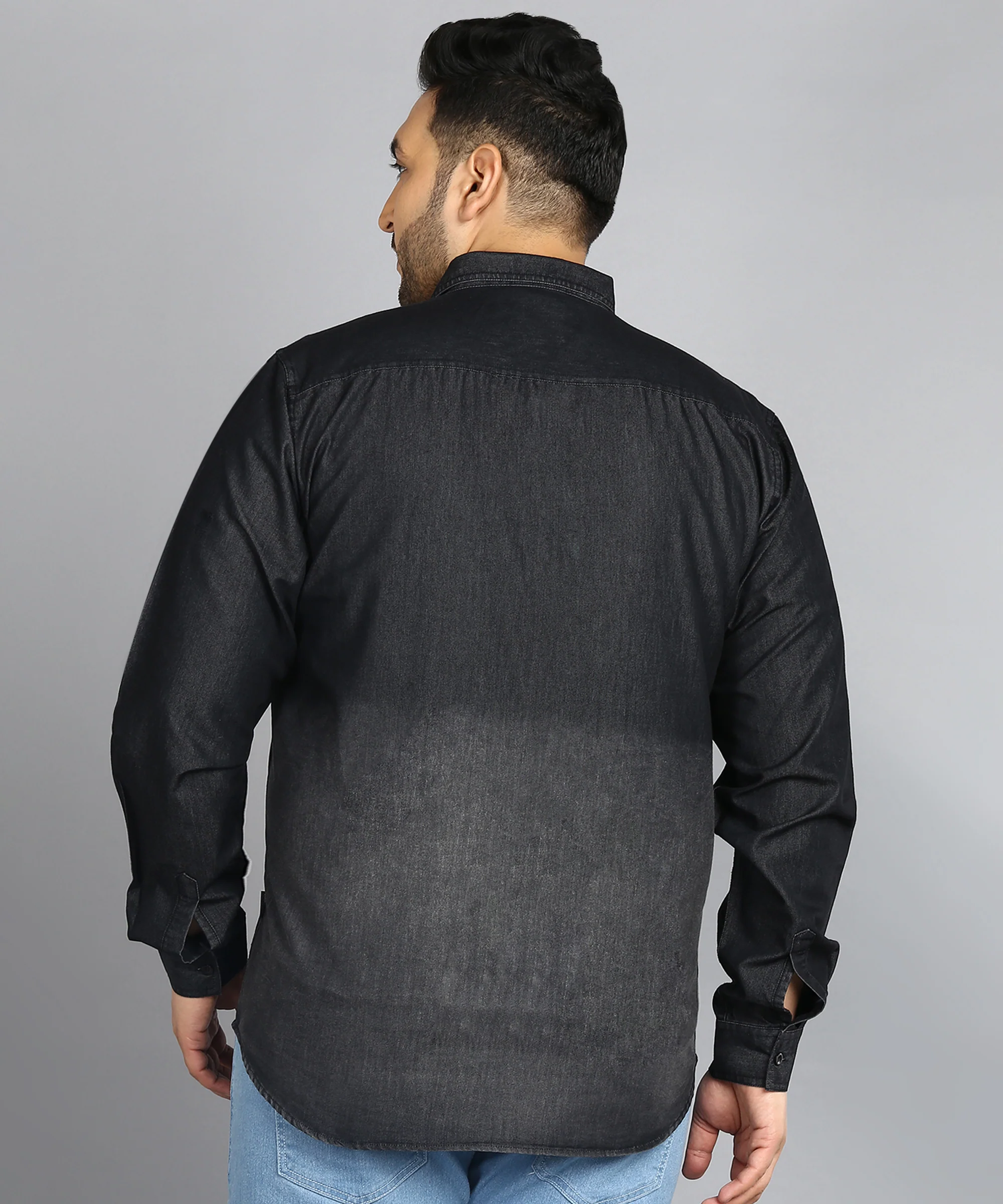 Plus Men's Black Denim Full Sleeve Regular Fit Washed Casual Shirt - Image 3