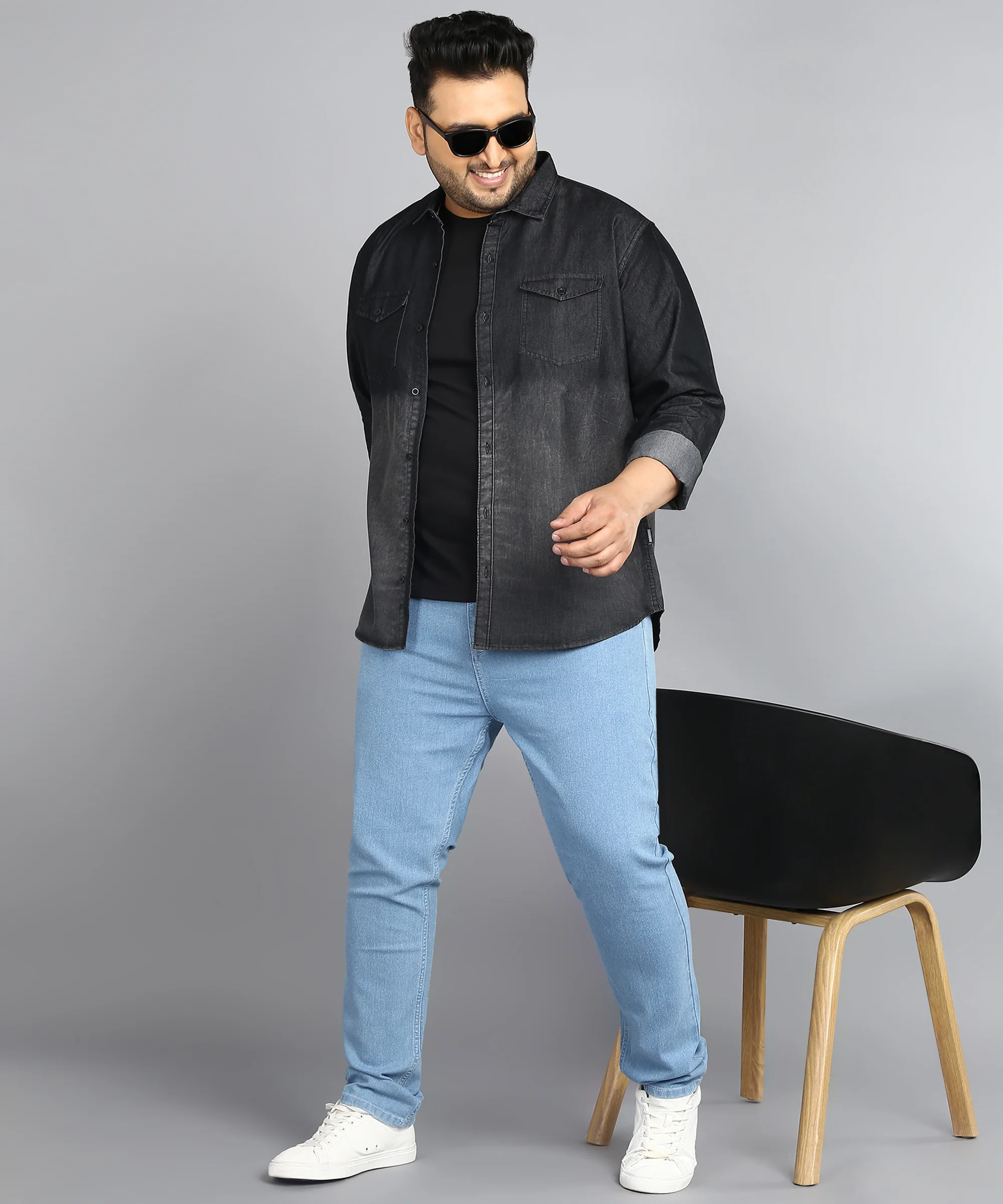 Plus Men's Black Denim Full Sleeve Regular Fit Washed Casual Shirt - Image 4