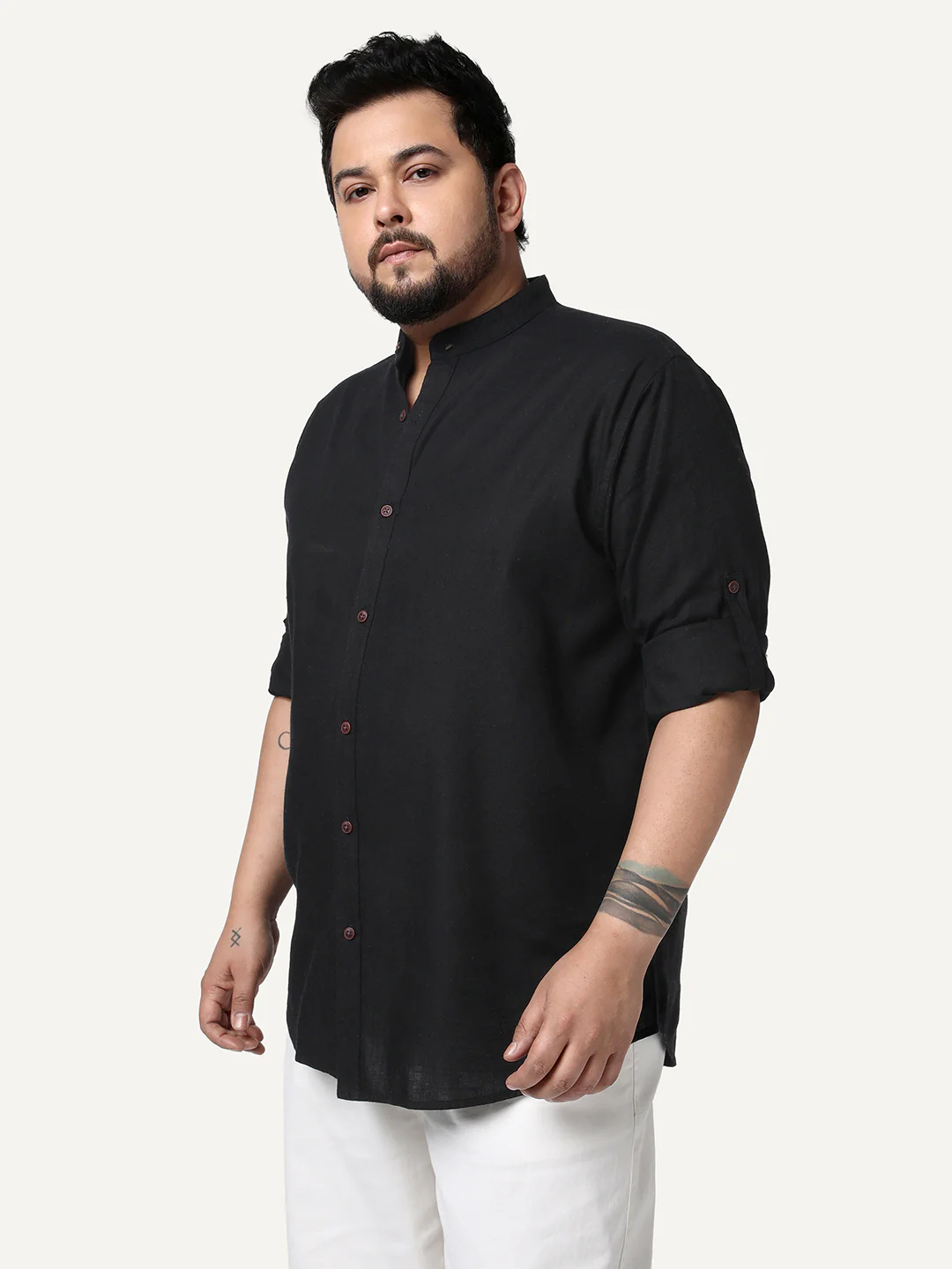 Plus Men's Black Linen Blend Full Sleeve Relaxed Fit Mandarin Collar Casual Solid Shirt - Image 2
