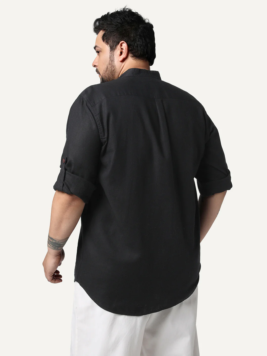 Plus Men's Black Linen Blend Full Sleeve Relaxed Fit Mandarin Collar Casual Solid Shirt - Image 3
