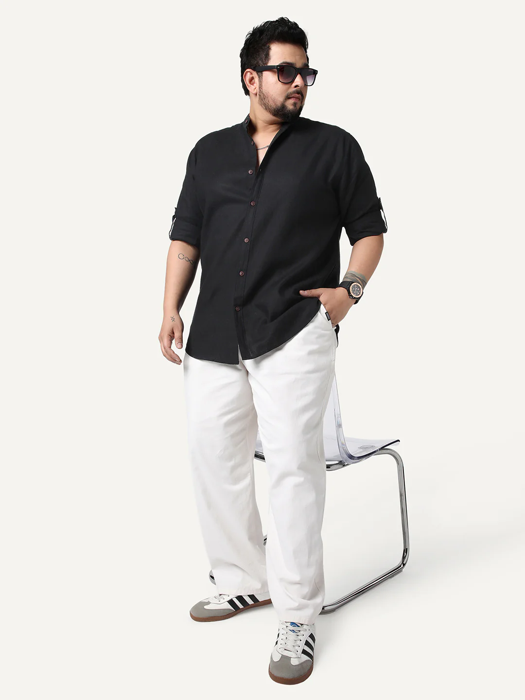 Plus Men's Black Linen Blend Full Sleeve Relaxed Fit Mandarin Collar Casual Solid Shirt - Image 4