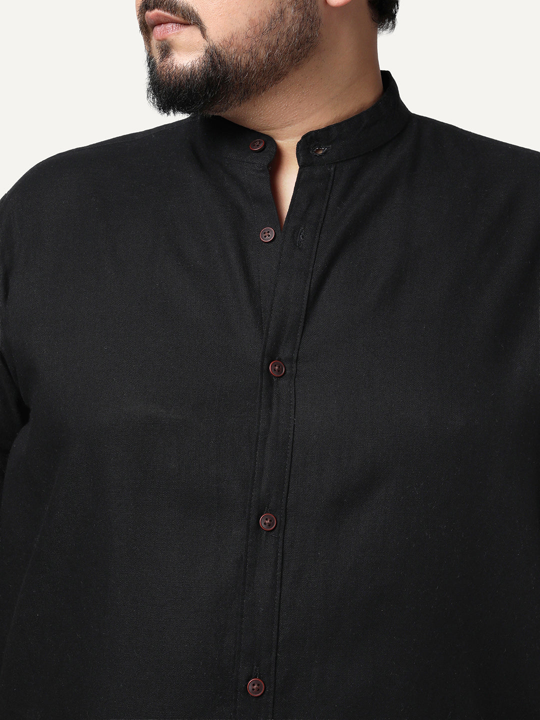 Plus Men's Black Linen Blend Full Sleeve Relaxed Fit Mandarin Collar Casual Solid Shirt - Image 5