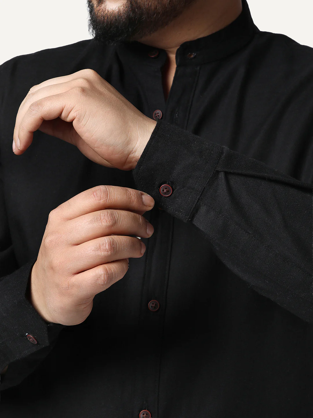 Plus Men's Black Linen Blend Full Sleeve Relaxed Fit Mandarin Collar Casual Solid Shirt - Image 6