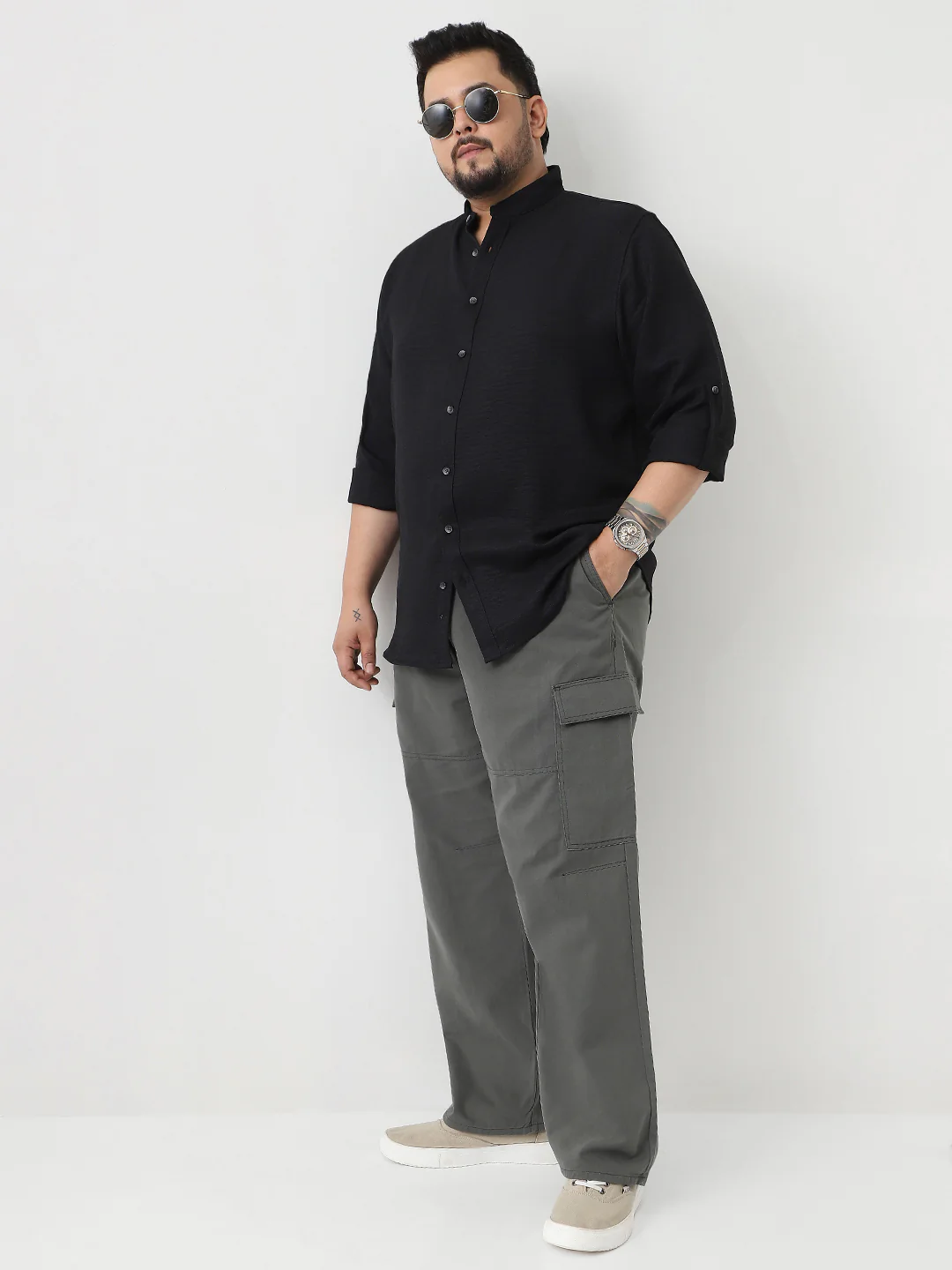 Plus Men's Black Linen Blend Full Sleeve Relaxed Fit Mandarin Collar Casual Solid Shirt - Image 4