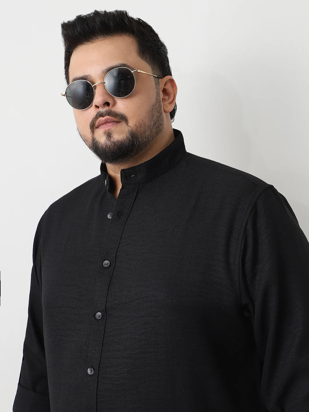 Plus Men's Black Linen Blend Full Sleeve Relaxed Fit Mandarin Collar Casual Solid Shirt - Image 5