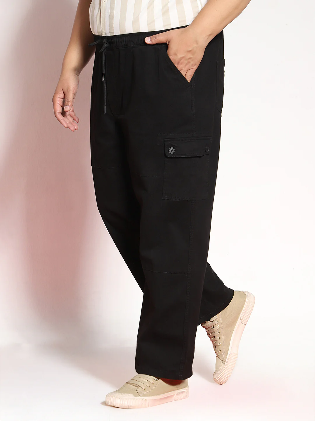 Plus Men's Black Loose Baggy Fit Cargo Jogger Chino Pant with 6 Pockets Stretchable - Image 2