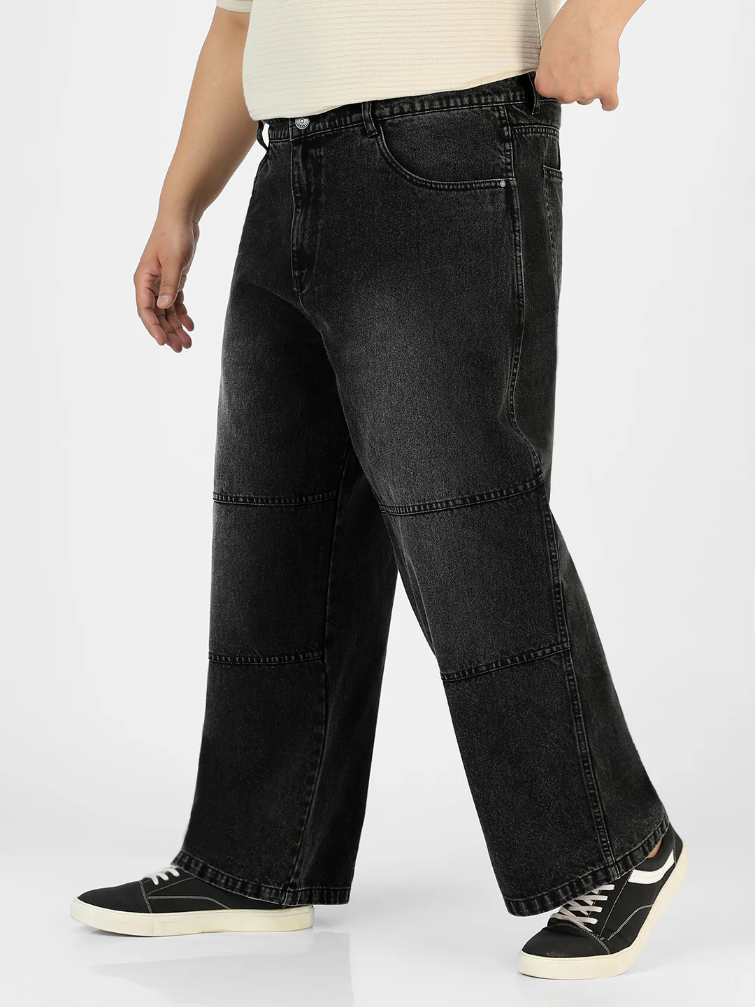 Plus Men's Black Loose Baggy Fit Cut and Sew Panelled Jeans Non-Stretchable - Image 2