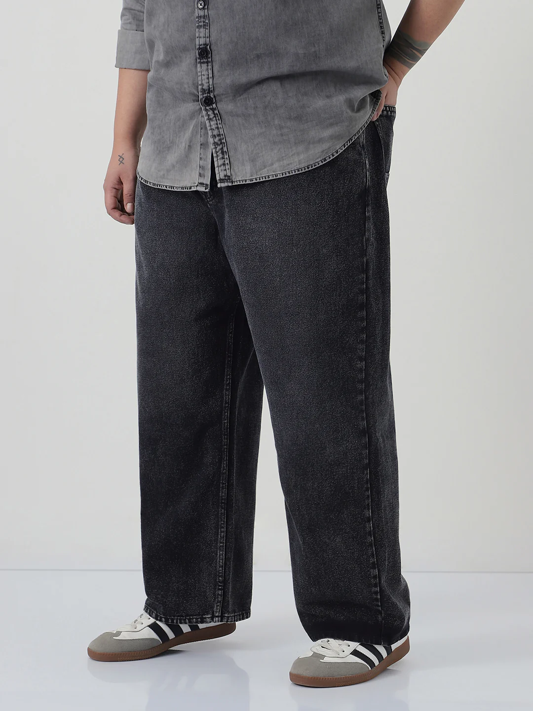 Plus Men's Black Loose Baggy Fit Heavy Washed Jeans Non-Stretchable - Image 2