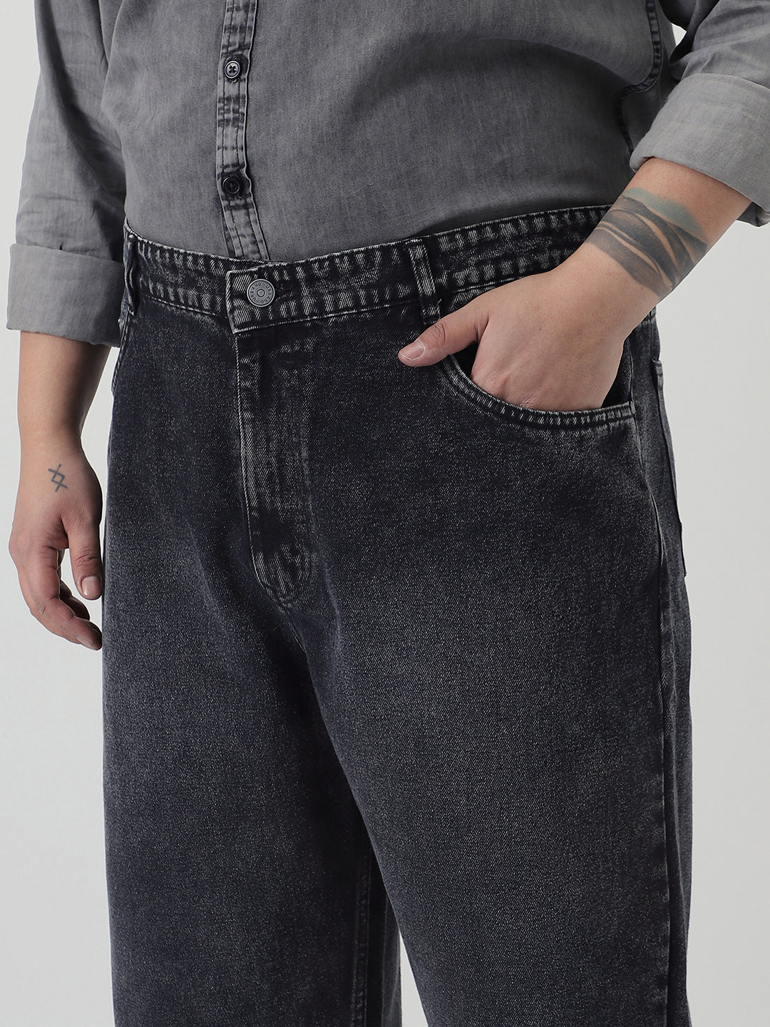 Plus Men's Black Loose Baggy Fit Heavy Washed Jeans Non-Stretchable - Image 5