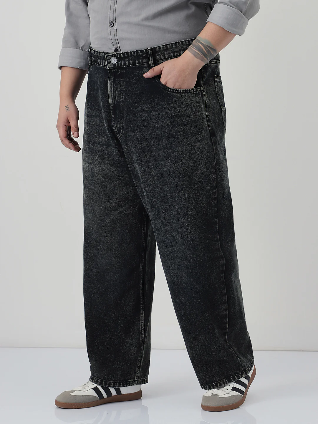Plus Men's Black Loose Baggy Fit Heavy Washed Jeans Non-Stretchable - Image 2