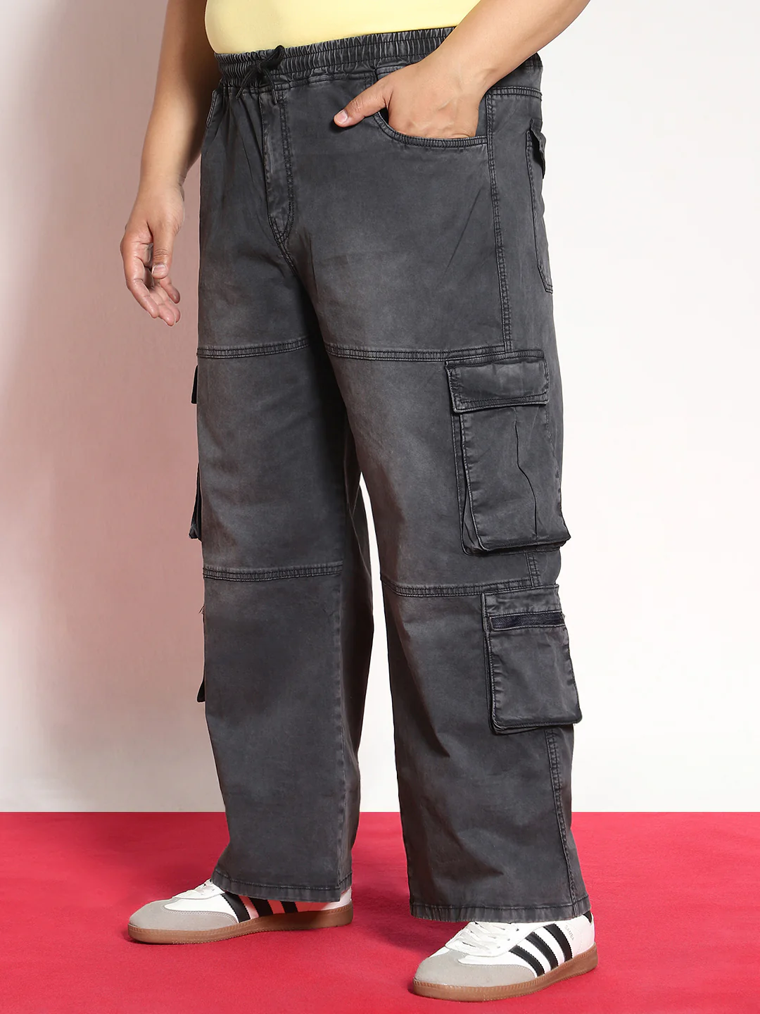 Plus Men's Black Loose Baggy Fit Travel Cargo Jeans With 8 Pockets Stretchable - Image 2