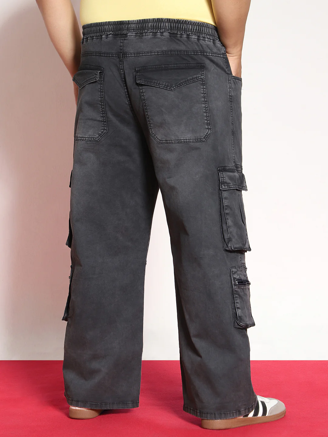 Plus Men's Black Loose Baggy Fit Travel Cargo Jeans With 8 Pockets Stretchable - Image 3