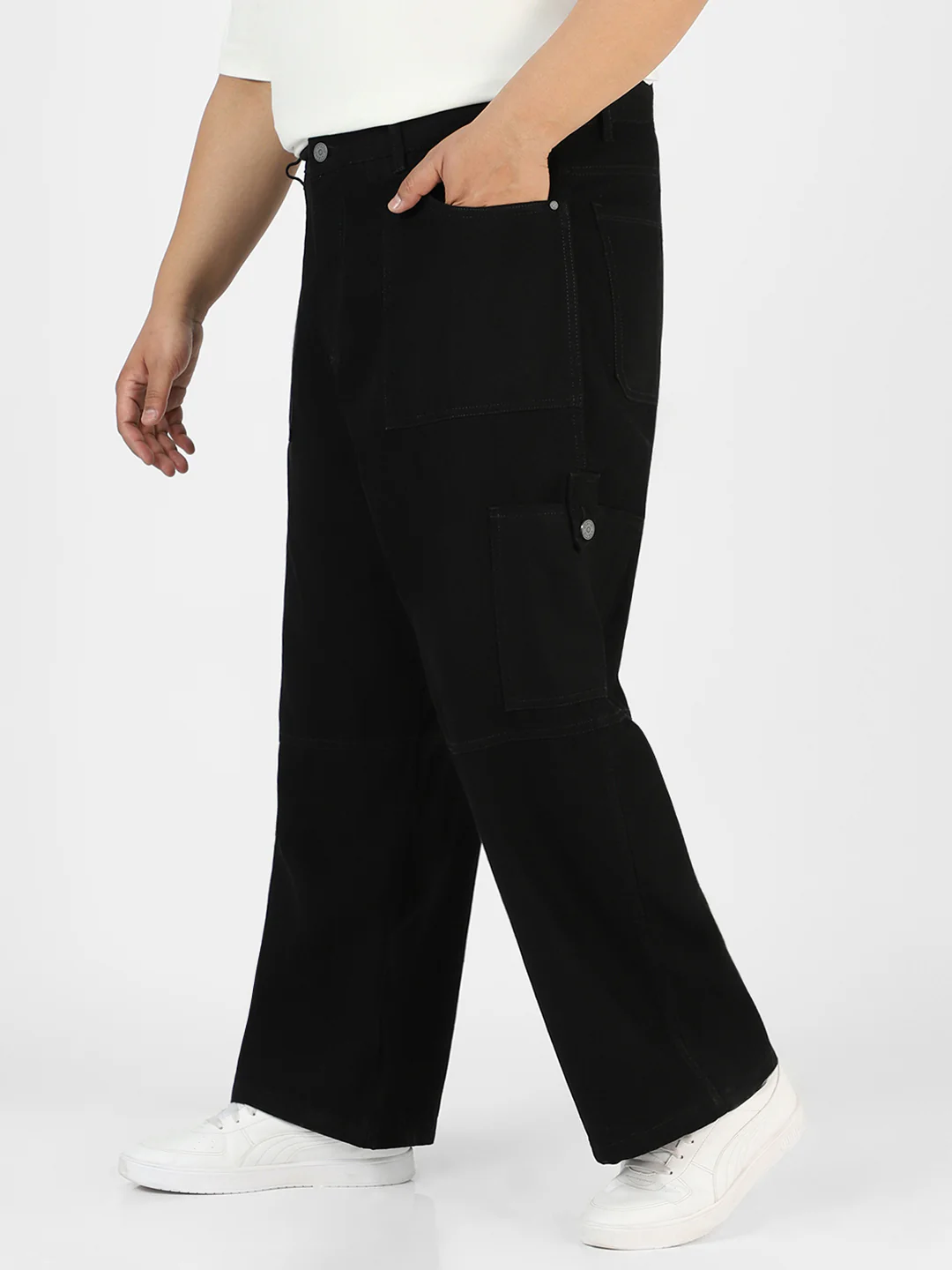 Plus Men's Black Loose Baggy Fit Washed Cargo Jeans with 6 Pockets Non-Stretchable - Image 2