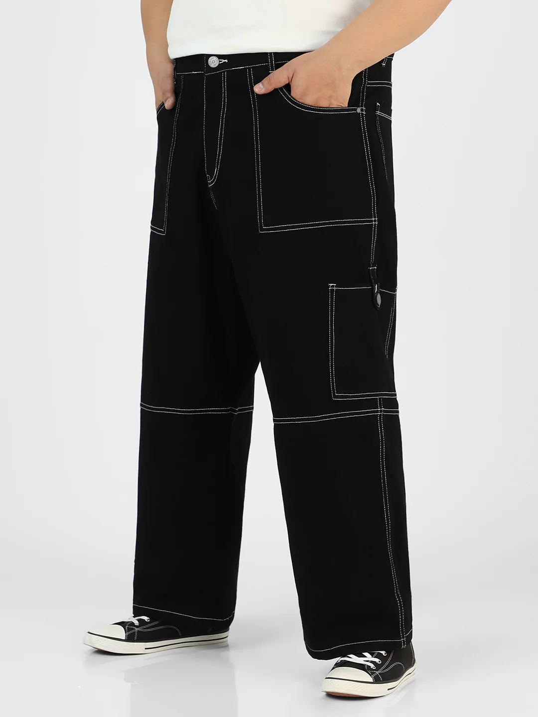 Plus Men's Black Loose Baggy Fit Washed Cargo Jeans with 6 Pockets Non-Stretchable - Image 2