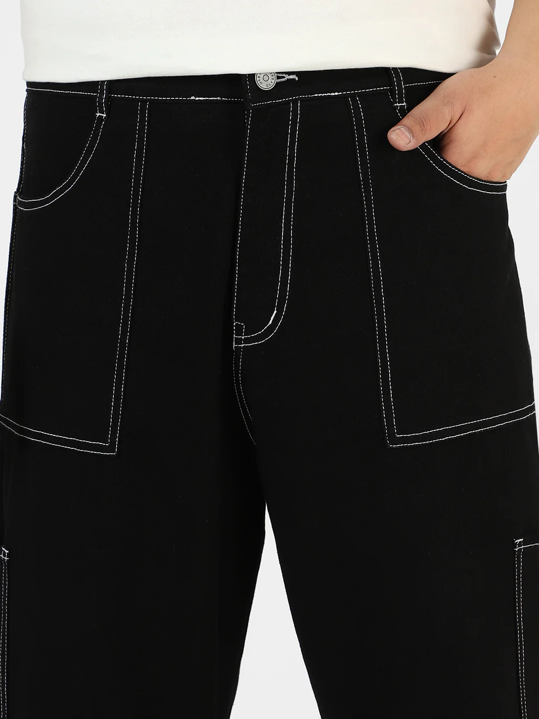 Plus Men's Black Loose Baggy Fit Washed Cargo Jeans with 6 Pockets Non-Stretchable - Image 5
