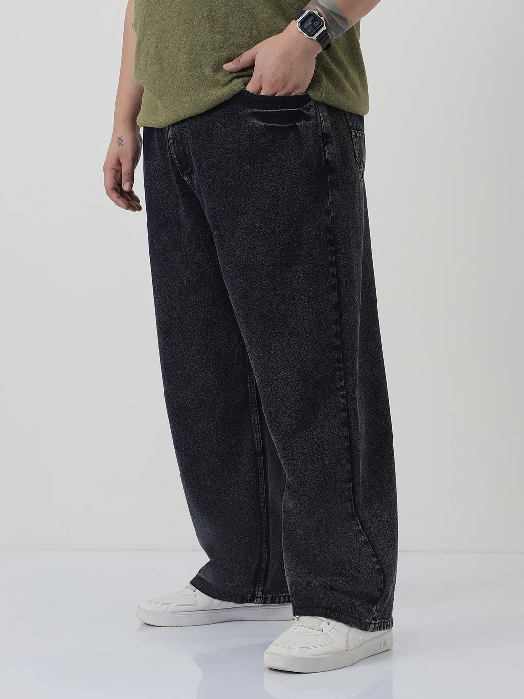Plus Men's Black  Loose Baggy Fit Washed Jeans Non-Stretchable - Image 2