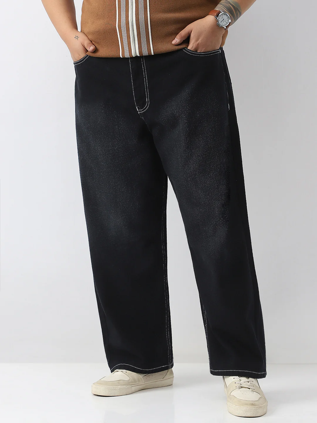 Plus Men's Black Loose Baggy Fit Washed Jeans Non-Stretchable - Image 2