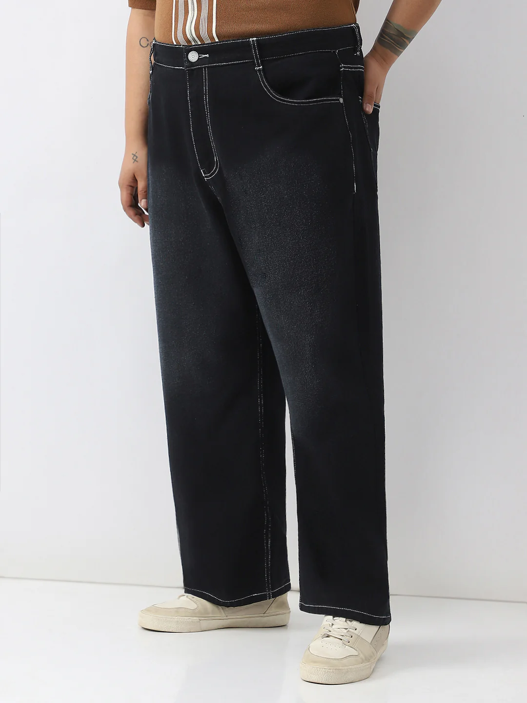 Plus Men's Black Loose Baggy Fit Washed Jeans Non-Stretchable - Image 3