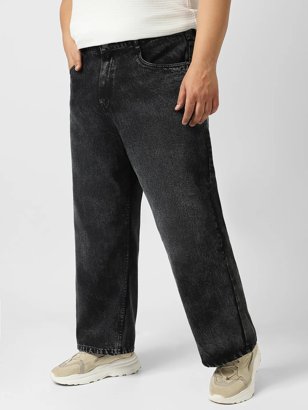 Plus Men's Black Loose Baggy Fit Washed Jeans Non-Stretchable - Image 2