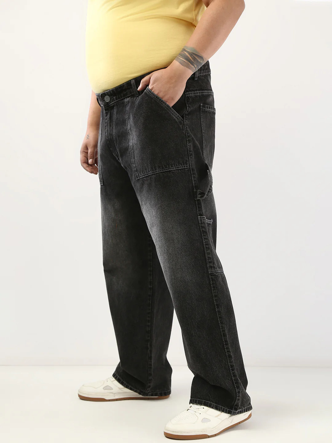 Plus Men's Black Loose Fit Cargo Carpenter Jeans With 6 Pockets Non-Stretchable - Image 2