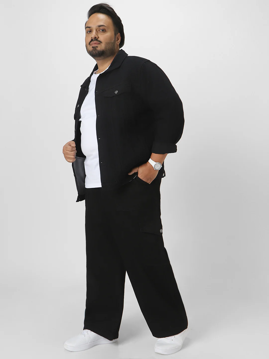 Plus Men's Black Loose Fit Cargo Jeans with 6 Pockets Non-Stretchable - Image 5