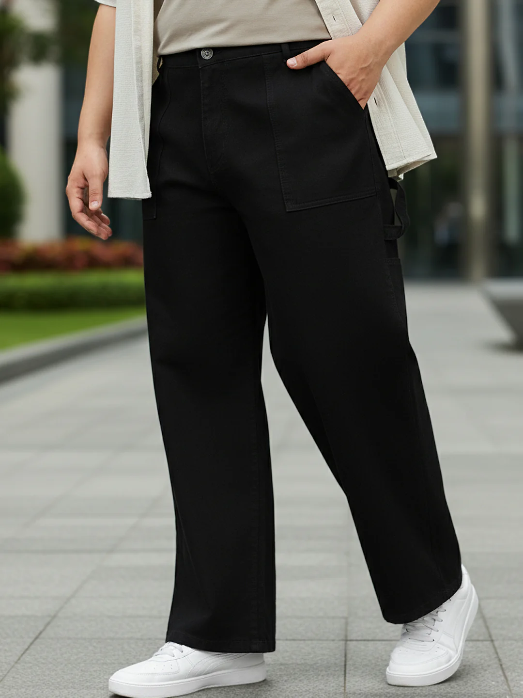 Plus Men's Black Loose Fit Cargo Carpenter Jeans With 6 Pockets Non-Stretchable