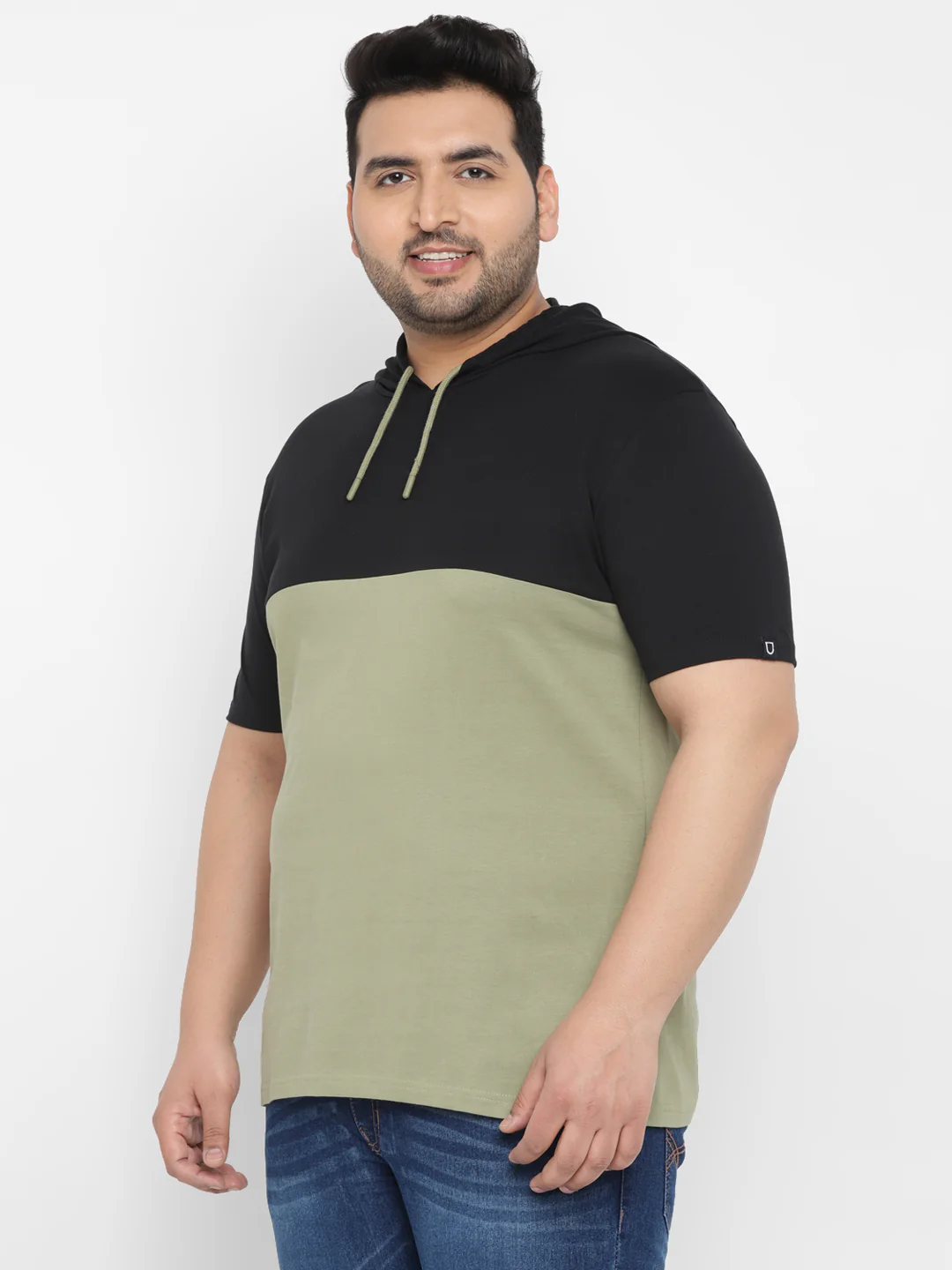 Plus Men's Black, Olive Color-Block Hooded Neck Regular Fit Half Sleeve Cotton T-Shirt - Image 2
