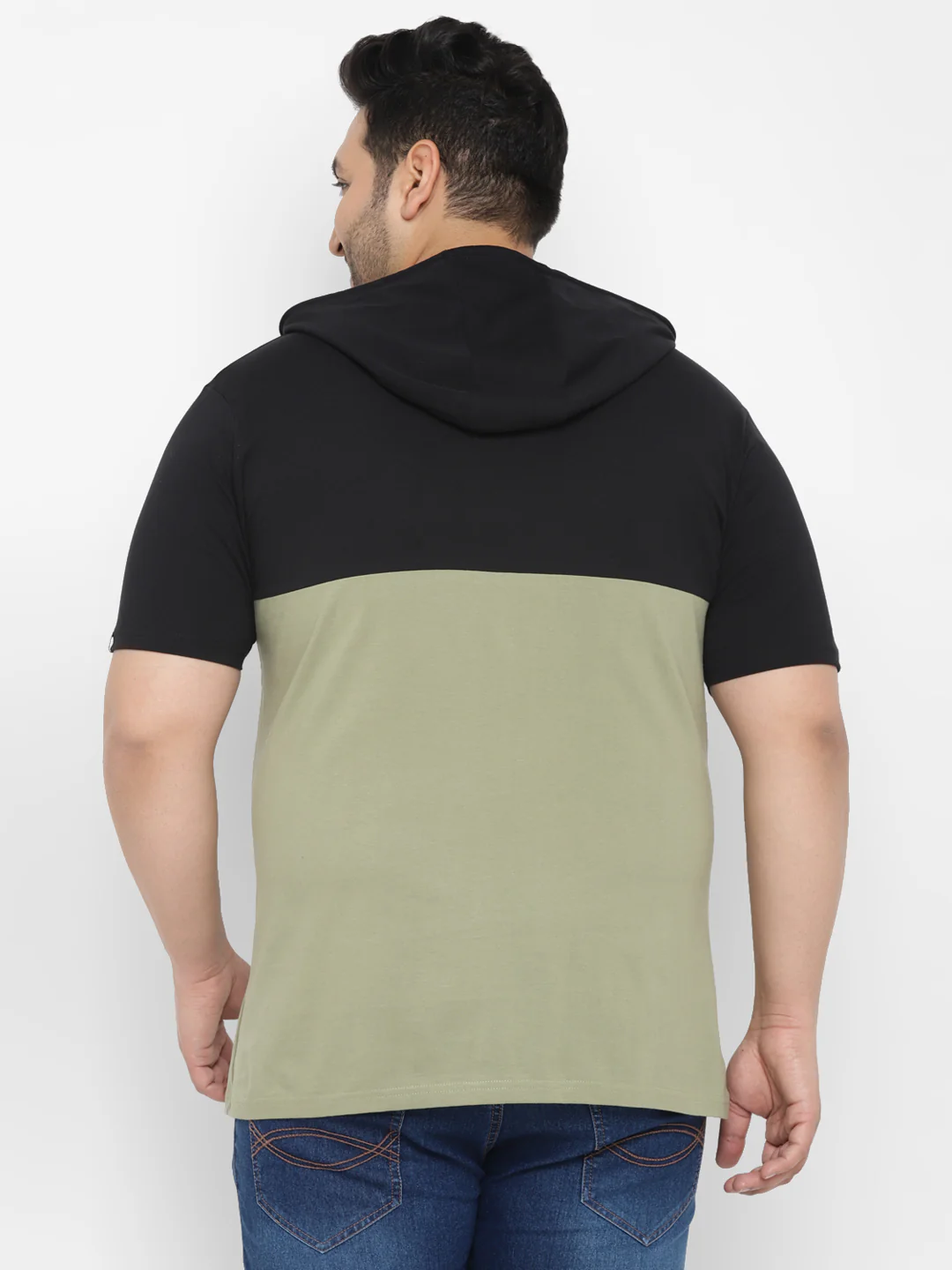 Plus Men's Black, Olive Color-Block Hooded Neck Regular Fit Half Sleeve Cotton T-Shirt - Image 3