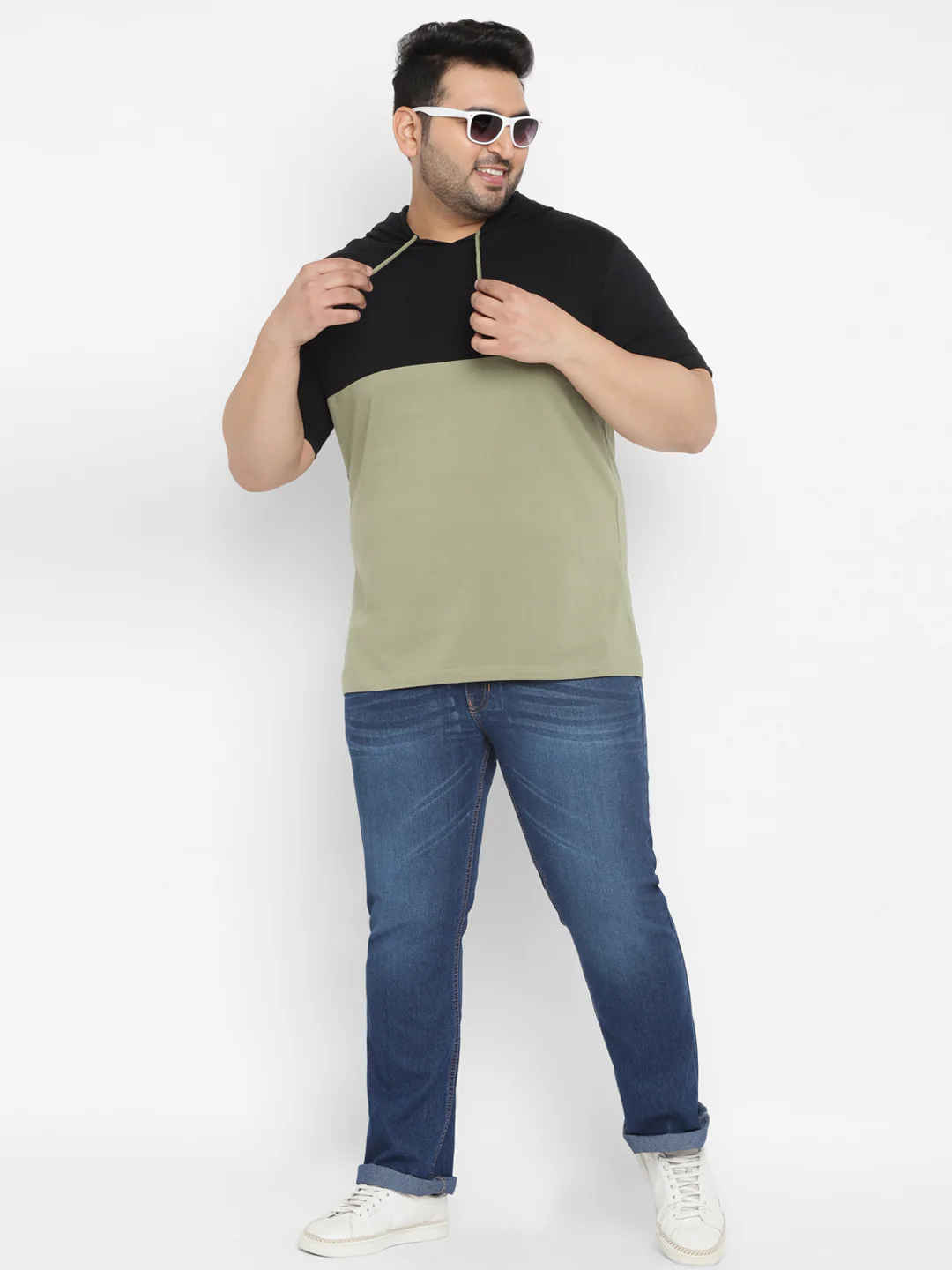 Plus Men's Black, Olive Color-Block Hooded Neck Regular Fit Half Sleeve Cotton T-Shirt - Image 4