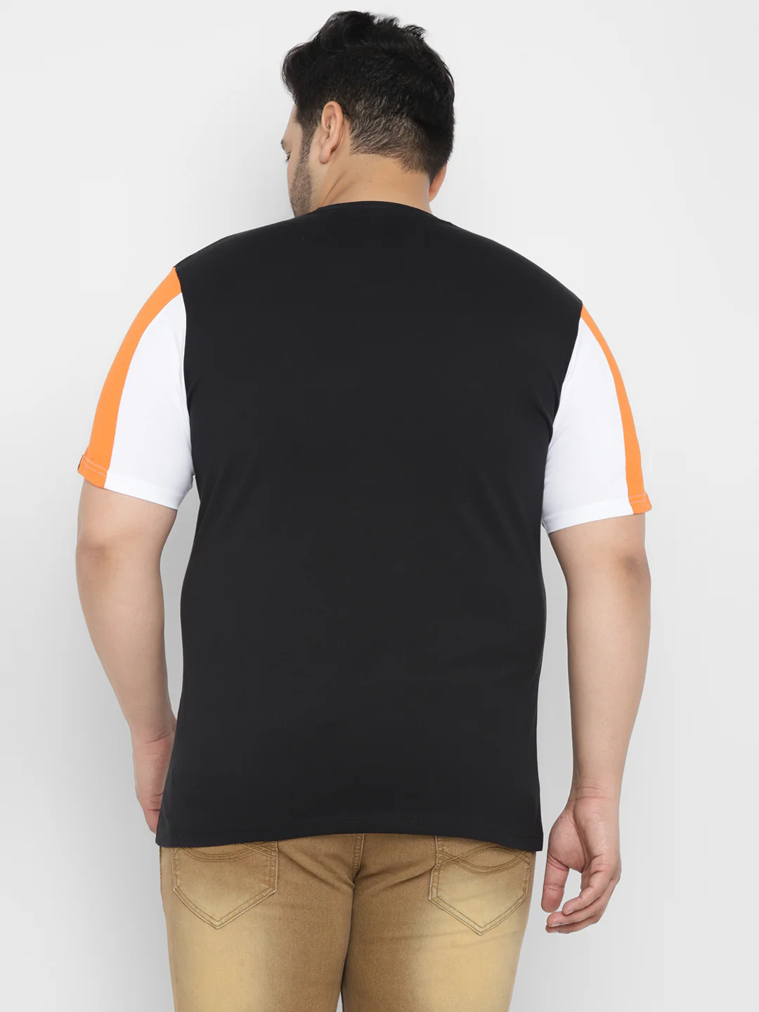 Plus Men's Black, Orange, White Color-Block Regular Fit Half Sleeve Cotton T-Shirt - Image 3