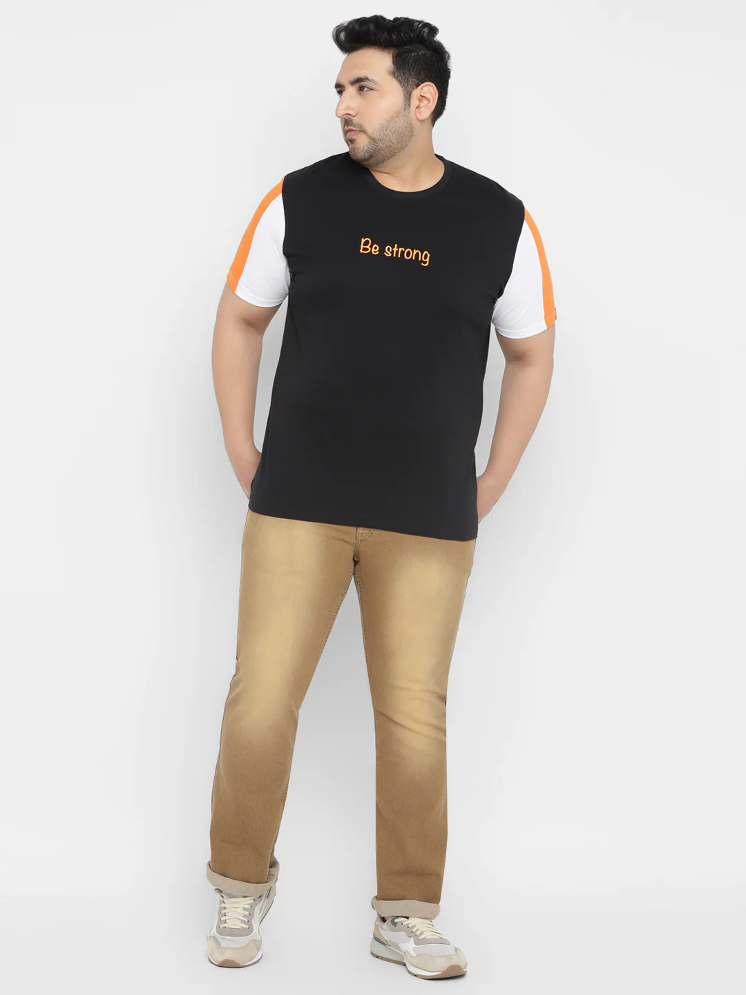 Plus Men's Black, Orange, White Color-Block Regular Fit Half Sleeve Cotton T-Shirt - Image 4
