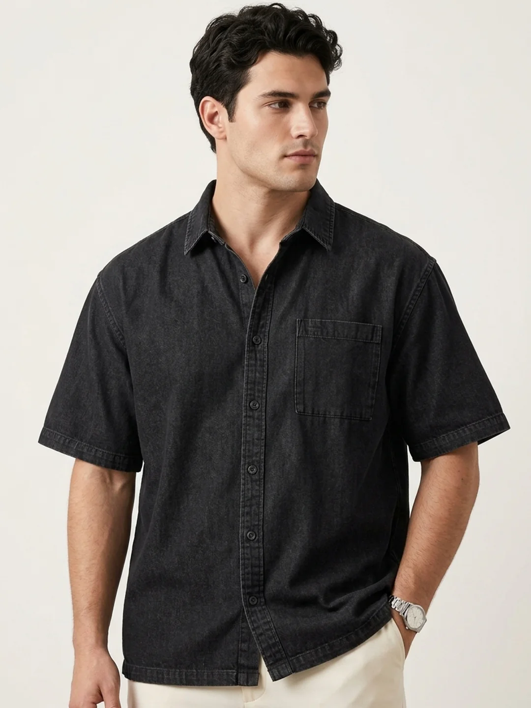 Plus Men's Black Oversized Fit Half Sleeve Solid Casual Denim Shirt