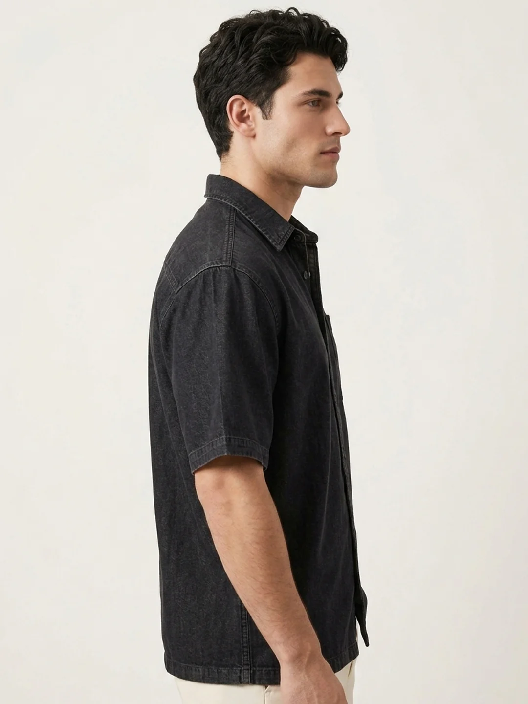 Plus Men's Black Oversized Fit Half Sleeve Solid Casual Denim Shirt - Image 2